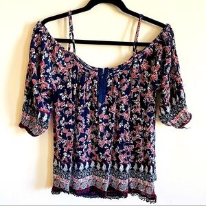JAPNA Navy Batik Off Shoulder Flowy Floral Top